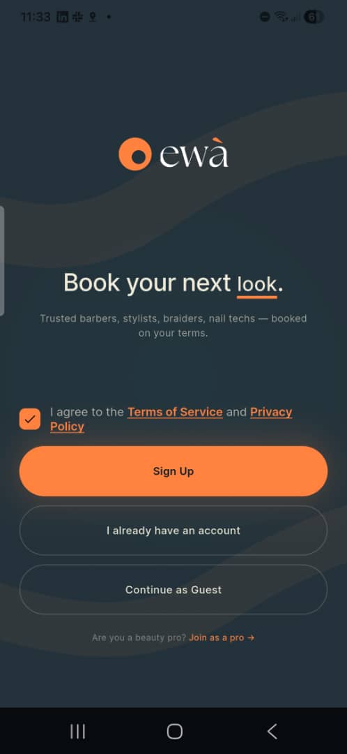 EWÁ mobile app registration screen showing the mobile number field with an unchecked SMS consent checkbox directly below it.